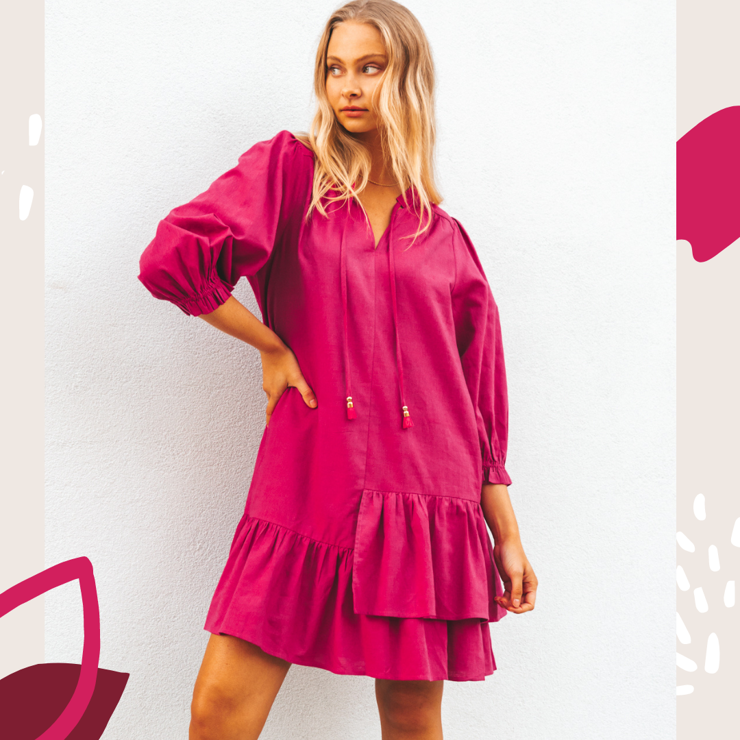 Rina Linen Blend Dress - Raspberry