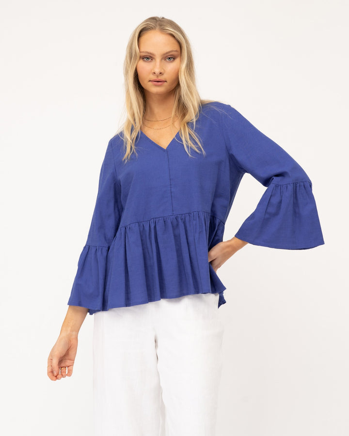 Macy Linen Blend Top - Cobalt Blue